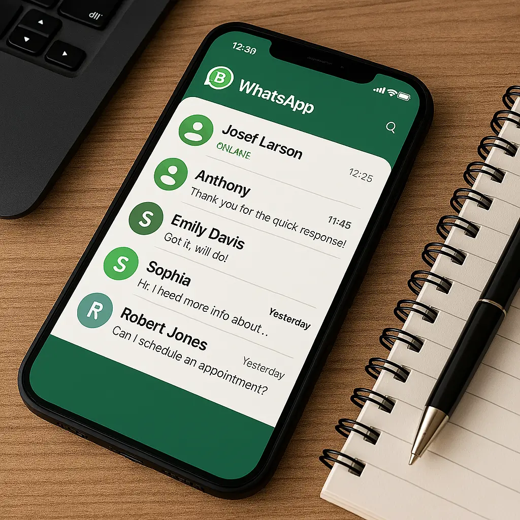 Smartphone screen showing active WhatsApp Business chat inbox with customer messages, placed on a wooden desk beside a laptop and notebook.