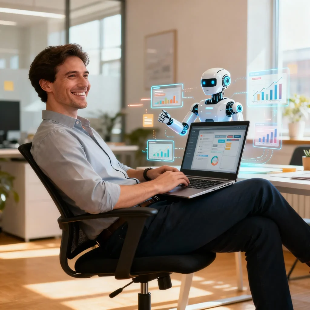 realistic modern office, relaxed project manager leaning back smiling, laptop with AI chatbot agent on screen actively managing tasks, digital workflow charts floating around, bright friendly atmosphere, AI doing workload for human
