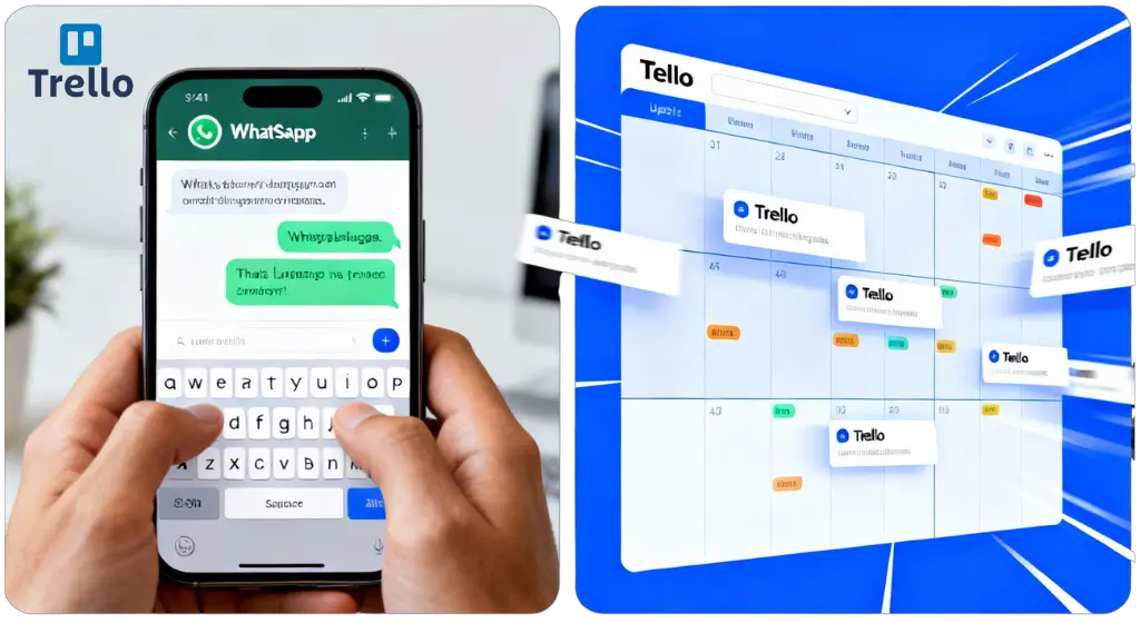 Split-screen digital illustration showing a user typing commands in WhatsApp to control Trello boards with an AI chatbot updating project cards automatically, highlighting seamless workflow automation