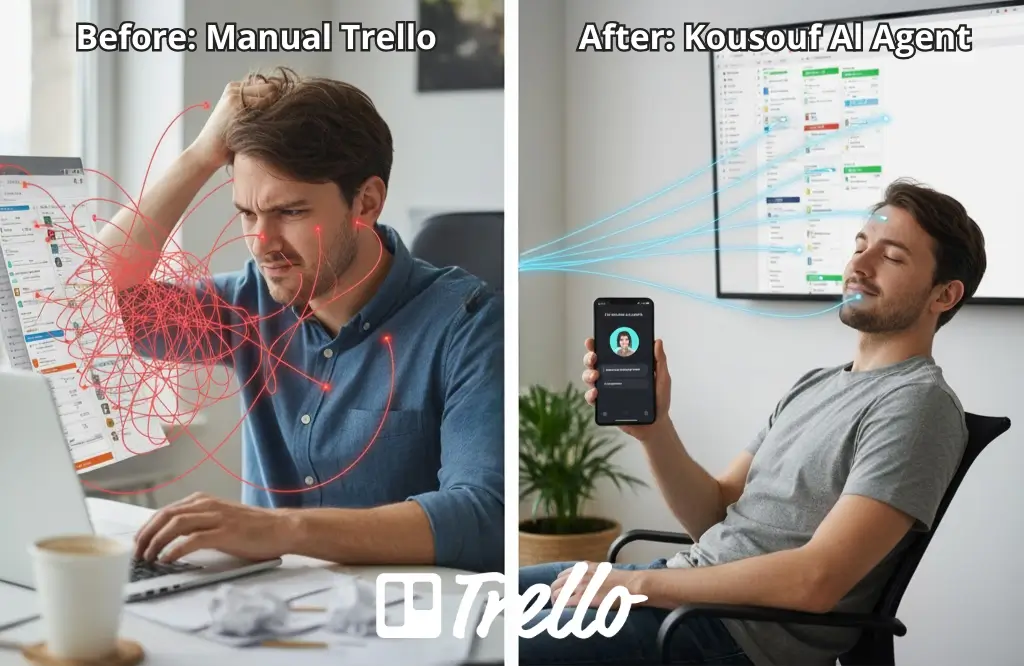 Split-screen image showing transformation from manual Trello management to AI-powered solution. Left side displays a frustrated person clicking through multiple Trello cards with tangled connection lines between them. Right side shows the same person relaxed, chatting with a clean AI interface that seamlessly connects to Trello. A subtle arrow in the center indicates the transformation from manual clicking to conversational task management.