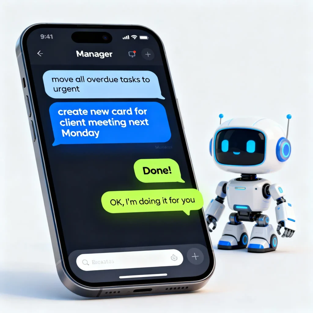 mobile chatbot interface with two chat bubbles, manager's bubble showing commands like 'move all overdue tasks to urgent' and 'create new card for client meeting next Monday', bot's bubble responding with 'Done!' and 'OK, I'm doing it for you', modern UI, bright friendly colors