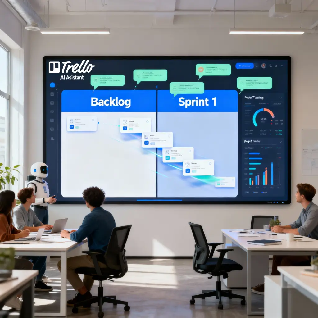 realistic team meeting room, digital interface showing AI assistant managing Trello workflows, visual cards moving between columns labelled Backlog and Sprint 1, task assignment notifications, project tracking dashboard, collaborative and productive environment
