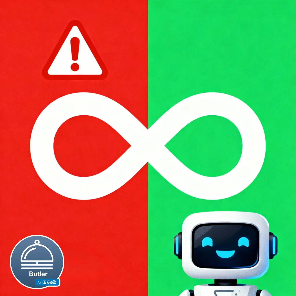 bold visual split image, left side red with exclamation mark and Trello Butler error warning symbol, right side green with big unlimited infinity symbol and smiling AI chatbot avatar, clean vibrant colors, no text