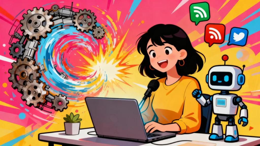 Bright, modern WordPress automation scene with dashboard glow and friendly robot guiding workflow icons.