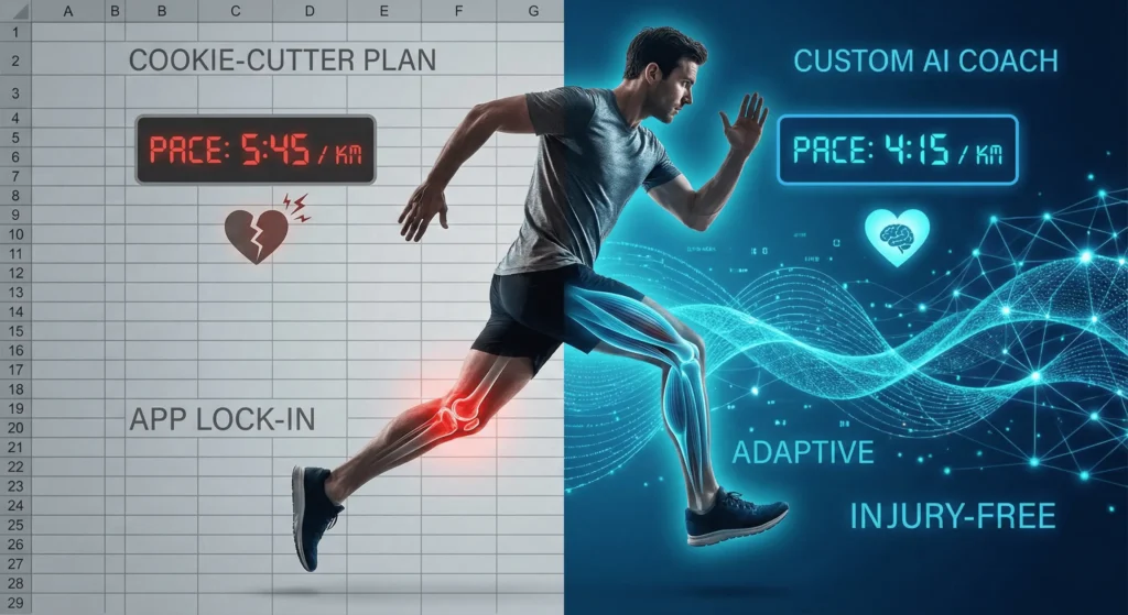 ai run coach Split-screen illustration showing a runner transitioning from a restrictive, slow spreadsheet-based plan on the left to a fast, injury-free AI-optimized workflow on the right.