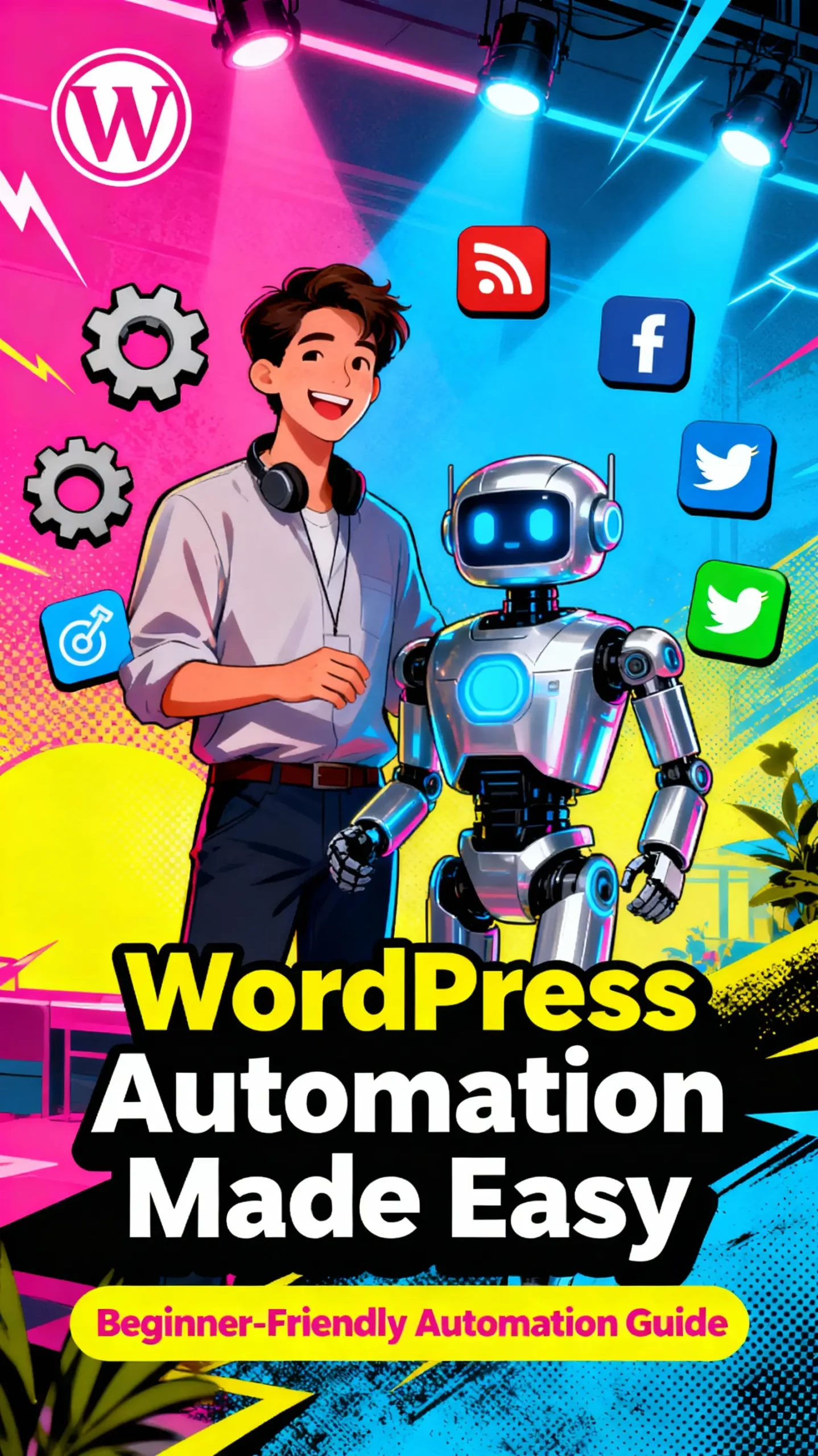 automated wordpress. happy blogger, futuristic robot assistant, floating automation icons (gears, RSS, Facebook, Twitter), bright lighting, energetic pop-art style