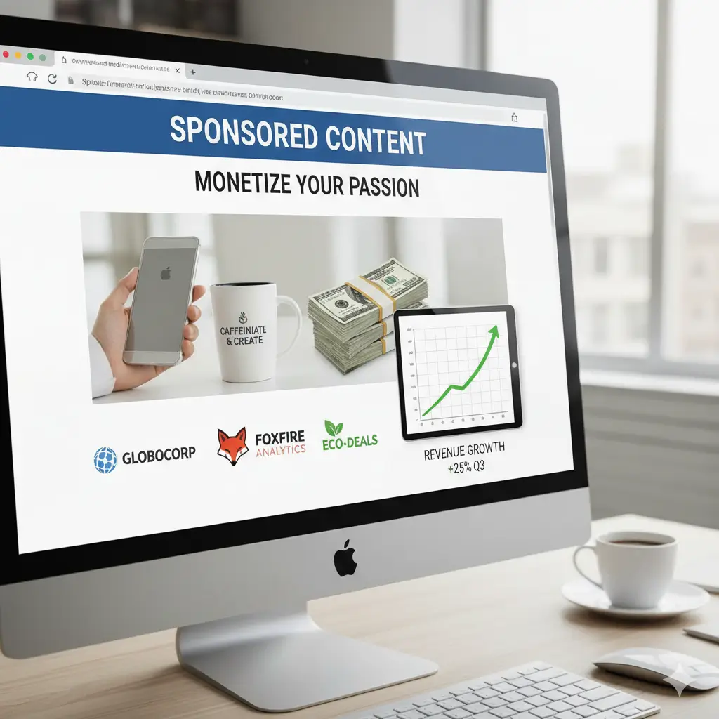 sponsored post monetization section image. Blog post with sponsorship banner, product placement, brands logo, money stack, analytics graph.
