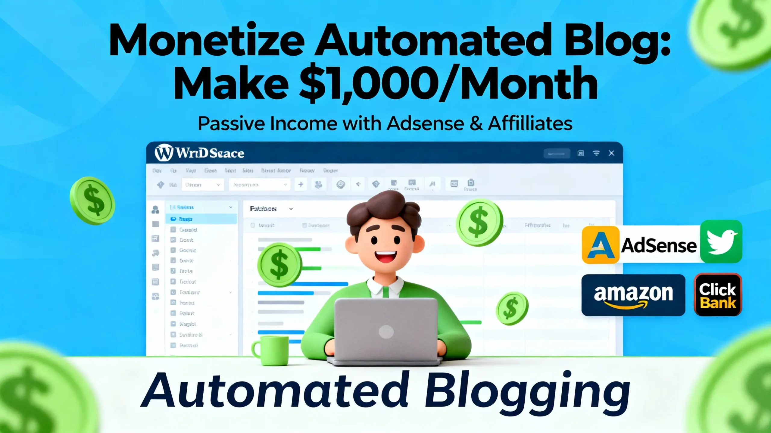 Monetize Automated Blog: Make $1,000/Month. WordPress dashboard, dollar symbols, Adsense logo, affiliate icons, passive income, happy blogger.