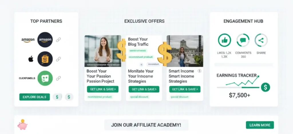 affiliate marketing blog monetization section image. Blog page with affiliate links, brands logos, dollar signs, modern layout, engagement icons