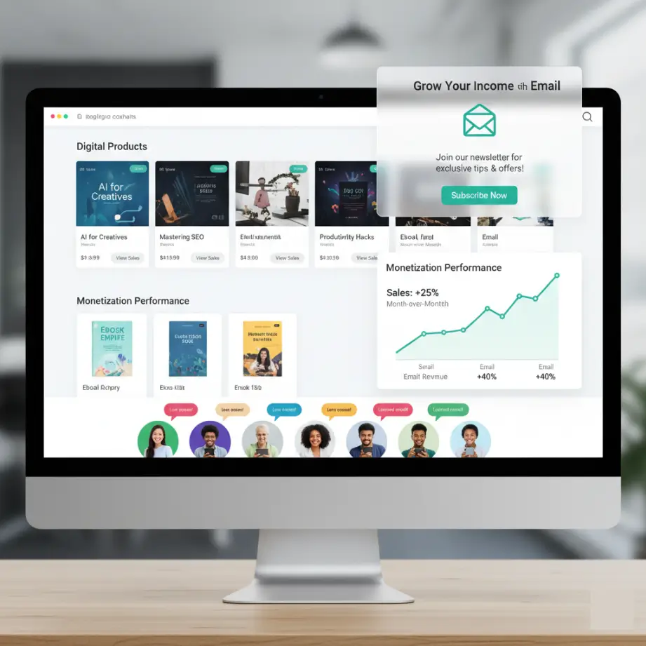 digital products and email monetization section image. Blog dashboard showing online courses and ebooks, email marketing popup, sales chart, happy readers.

