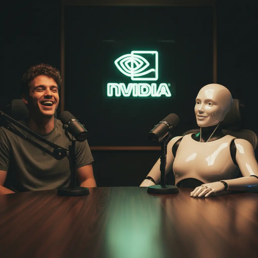 Futuristic humanoid robot engaging in a natural, fluid conversation with a human, illustrating the real-time capabilities of NVIDIA PersonaPlex AI