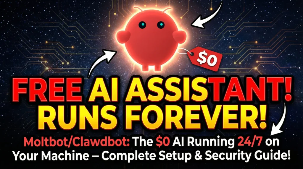 free ai assistant runs forever featured image featuring a glowing red robot clawdbot with a $0 price tag attached
