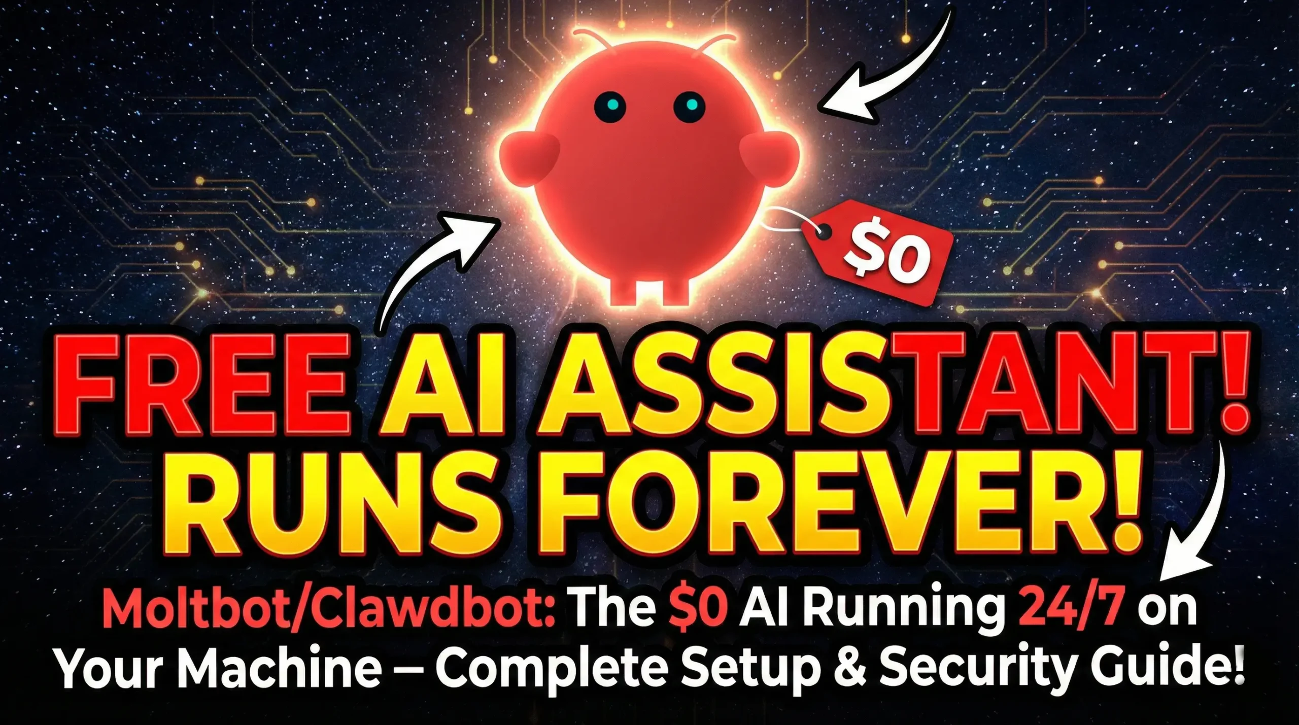 free ai assistant runs forever featured image featuring a glowing red robot clawdbot with a $0 price tag attached